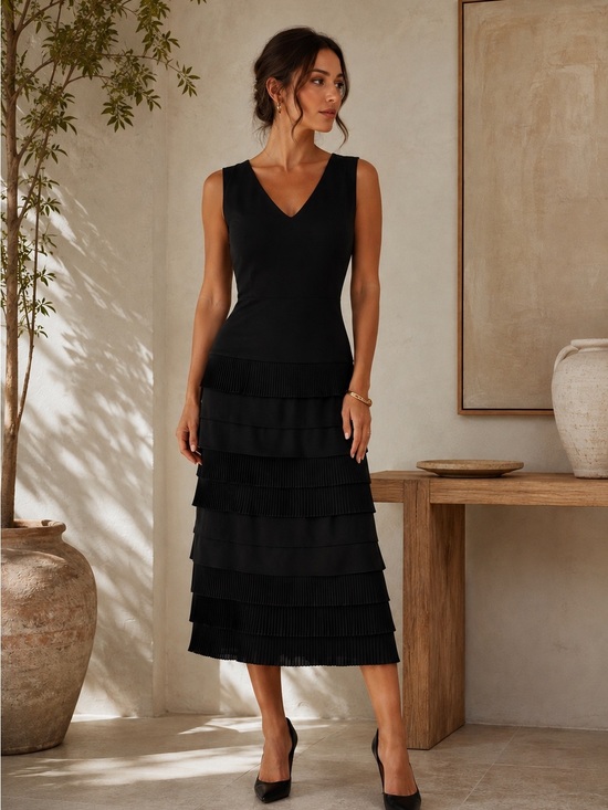 Escada Dresses & Skirts - Escada Black Pleated Tiered Midi Dress Sleeveless V Neck EU 36 US 6 Luxury